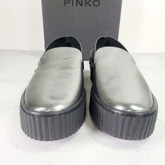 $460 NWT Pinko Silver‎ Chunky Platform Shoes 9 Metallic Ruffle Leather Loafer - Picture 9 of 15
